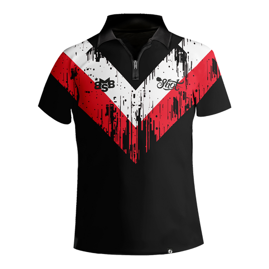 Chemise à fléchettes à rayures blanches Shot Michael Smith Dieses Bild zeigt das "Shot Michael Smith White Stripe Dartshirt". Das Shirt ist schwarz mit auffälligen roten und weißen Streifen im V-Design und hat einen kurzen Reißverschluss am Kragen.