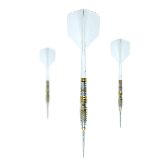 Fléchettes Caliburn Players Lee Soon An Gold Spear Steeldarts - 23 g Caliburn Players Darts Lee Soon An Gold Spear Steeldarts mit 23 Gramm. Das Bild zeigt ein Set von Steeldarts mit goldenem Design.