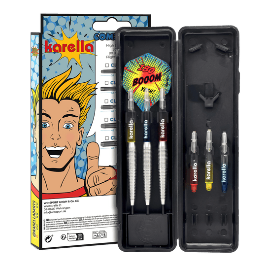 Fléchettes en acier Karella Comic Line CL-5 - 21 g Abgebildet sind die Karella Comic Line CL-5 Steeldarts - 21g. Diese Steeldarts zeichnen sich durch ein Comic-Design aus.