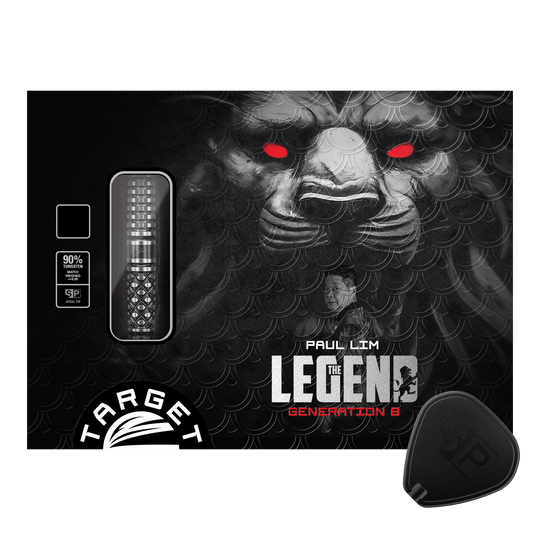 Target Japan Paul Lim The Legend GEN8 Swiss Point Steeldarts - 24 g Die Verpackung zeigt die "Target Japan Paul Lim The Legend GEN8 Swiss Point Steeldarts - 24g". Im Hintergrund ist ein Löwenkopf mit roten Augen und ein Porträt von Paul Lim zu sehen.