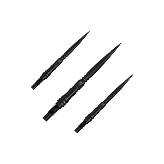 Harrows Quick Point Apex Axis Elite Series Dartspitzen - Schwarz Apex Axis Black Elite Series Dartspitzen in 30mm werden gezeigt. Sie sind schwarz und technisch ausgeführt.