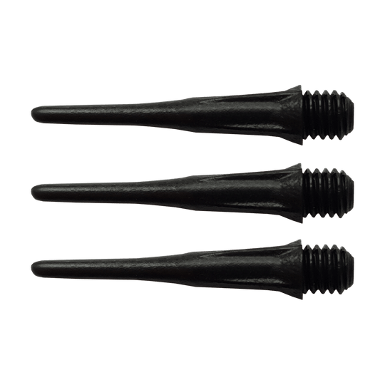 804801_Karella_Ultimo_Softdartspitzen_50Stk_im_Spitzenr-hrchen_Schwarz_1 Das Bild zeigt drei schwarze Softdartspitzen mit Gewinde. Es handelt sich um Karella Ultimo Softdartspitzen, die im 50er-Pack erhältlich sind.