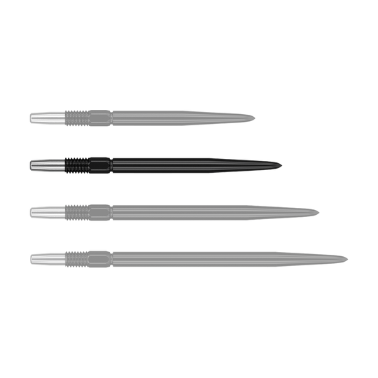 Pointes de fléchettes Target Swiss Point Black Das Bild zeigt vier schwarze Dartspitzen, die nebeneinander liegen. Sie haben einen silbernen metallischen Ansatz und sind unterschiedlich lang.