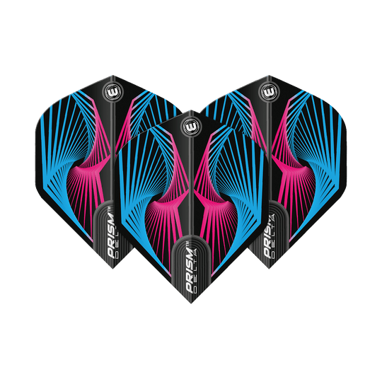 6915-239_Winmau_Prism_Delta_Spiral_BluePink_Standard_Flights_1520d05RfZ8RSR Das Bild zeigt drei Dartflights des Modells "Winmau Prism Delta Spiral BluePink Standard". Die Flights haben ein auffälliges Spiraldesign in Blau und Pink auf schwarzem Hintergrund.