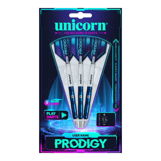 Fléchettes en acier parallèles Unicorn Prodigy 01 Das Bild zeigt die Verpackung der "Unicorn Prodigy 01 Parallel Steeldarts". Drei blaue Steeldarts sind in einer modernen, futuristisch gestalteten Packung präsentiert.