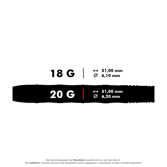 HA33454_Harrows_Imperial_Diamond_Softdarts_5_20g Das Bild zeigt zwei Varianten von Softdarts mit den Gewichten 18 g und 20 g. Beide Varianten sind 51,00 mm lang, aber der Durchmesser beträgt 6,10 mm bei 18 g und 6,20 mm bei 20 g.