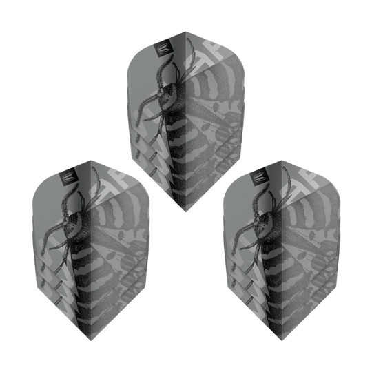 Ailettes Target Pro Ultra Volar n° 6 - 3 jeux Das Bild zeigt drei Sets von Target Pro Ultra Volar No6 Flights. Die Flights sind grau mit einem schwarzen Insektenmuster gestaltet.