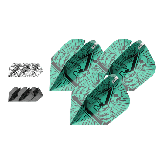 Target Ink Bundle 3 ensembles de vols Rob Cross No6 Das Bild zeigt drei verschiedene Sets von Dartflights aus dem "Target Ink Bundle 3 Sets Rob Cross No6 Flights". Die Flights haben auffällige Designs in Grün, Schwarz und Weiß mit grafischen Motiven.