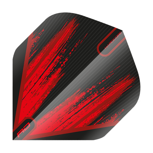 Das Bild zeigt das Produkt "Red Dragon Hardcore Black Red V2 Standard Flights". Die Dart-Flights sind schwarz mit auffälligen roten Streifen und modernen Designelementen.