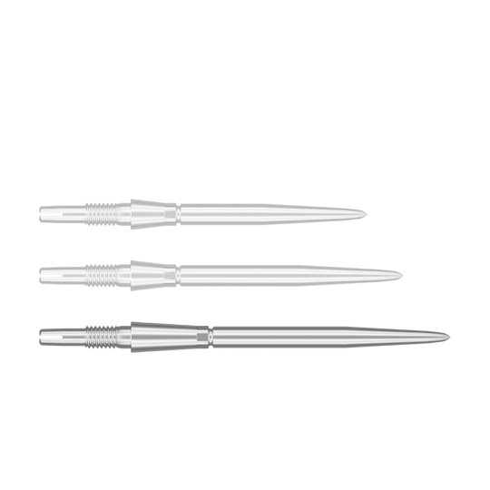 Pointes de fléchettes Target Swiss Storm Point - argent Das Bild zeigt drei silberne Dartspitzen in einer Reihe. Sie sind schlank, spitz zulaufend und identisch gestaltet.