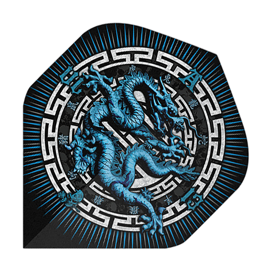 Vols Standard Alchemy Année du Dragon N°2 Das Bild zeigt das Produkt "Alchemy Year Of The Dragon No2 Standard Flights". Auf dem Flight ist ein blauer Drache in einem dekorativen, kreisförmigen Muster abgebildet.