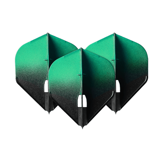 Vols L-Style bicolores L1PRO Das Bild zeigt drei grün-schwarze Dartflights in einer Zweiton-Optik. Sie sind nebeneinander angeordnet und haben eine auffällige Farbverläufe von grün zu schwarz.