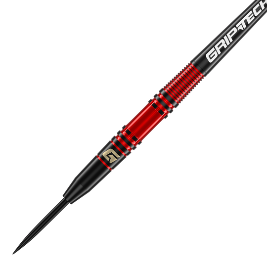 Das Bild zeigt einen GOAT Athlete Red Brass Steeldart mit einem Gewicht von 11 Gramm. Der Dart hat ein auffälliges rotes und schwarzes Design mit dem Schriftzug "GRIPTECH" auf dem Schaft.