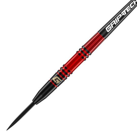 Fléchettes en acier GOAT Athlete en laiton rouge - 11 g Das Bild zeigt einen GOAT Athlete Red Brass Steeldart mit einem Gewicht von 11 Gramm. Der Dart hat ein auffälliges rotes und schwarzes Design mit dem Schriftzug "GRIPTECH" auf dem Schaft.