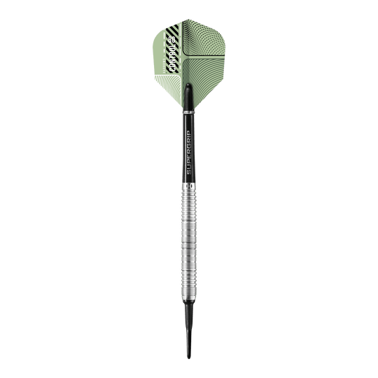 Fléchettes souples parallèles Harrows Control Das Bild zeigt einen Harrows Control Parallel Softdart mit einem silbernen und schwarzen Schaft. Die Dartflügel sind grün gemustert und tragen das Markenlogo.