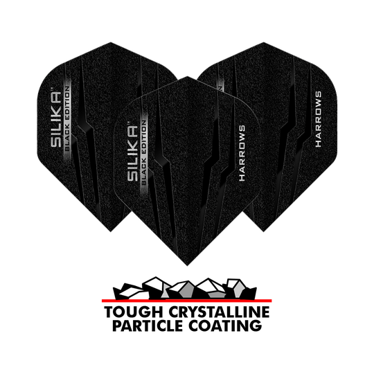 Volets standard Harrows Silika Black Edition No2 Das Bild zeigt drei schwarze Harrows Silika Black-Edition No2 Standard Flights. Unten steht der Schriftzug „Tough Crystalline Particle Coating“ mit einer Grafik von Kristallen.