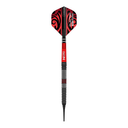 Das Bild zeigt einen Softdart der Marke Red Dragon, Modell "Jonny Clayton Hiraeth" mit einem Gewicht von 20 Gramm. Der Dart ist überwiegend in den Farben Rot und Schwarz gestaltet und hat ein auffälliges Muster auf dem Flight.