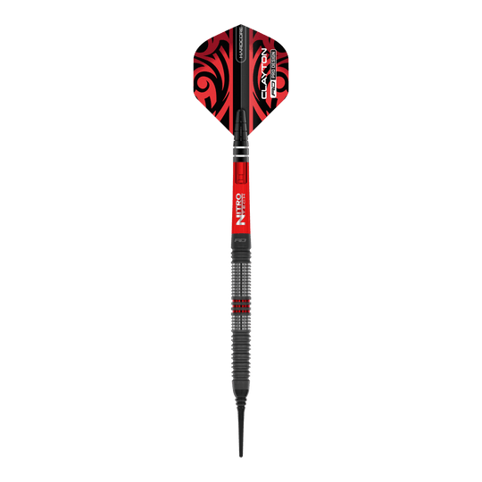 Red Dragon Jonny Clayton Hiraeth Fléchettes souples - 20 g Das Bild zeigt einen Softdart der Marke Red Dragon, Modell "Jonny Clayton Hiraeth" mit einem Gewicht von 20 Gramm. Der Dart ist überwiegend in den Farben Rot und Schwarz gestaltet und hat ein auffälliges Muster auf dem Flight.