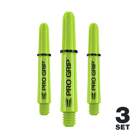 Tiges Target Pro Grip - 3 jeux - Vert citron Das Bild zeigt drei limegrüne Pro Grip Shafts für Dartpfeile. Unten rechts steht "3 Set", was anzeigt, dass es sich um ein Set mit drei Stück handelt.