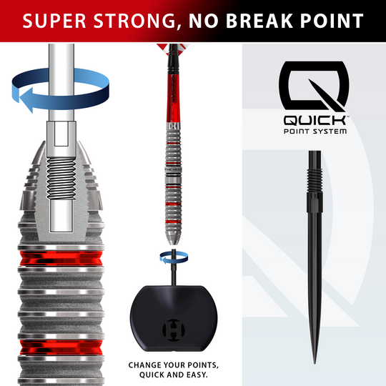 Fléchettes en acier Harrow's Damon Heta Series 4 Quick Point Das Bild zeigt die Harrows Damon Heta Series 4 Quick Point Steeldarts. Die Steeldarts liegen nebeneinander und sind deutlich erkennbar.