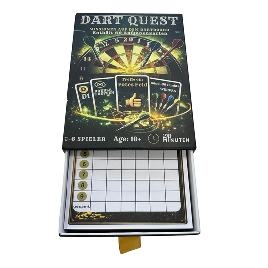 jeu de cartes Dart Quest Hier wird das Dart Quest Kartenspiel gezeigt. Es ist ein spannendes Kartenspiel für Dart-Fans.