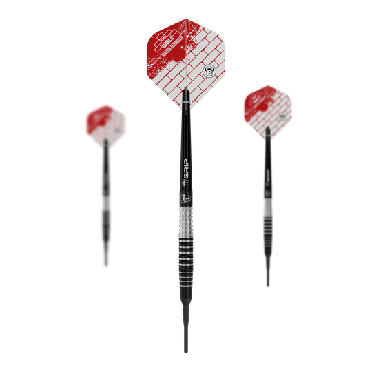Fléchettes souples Bulls Martin Schindler Original Generation 3 Das Bild zeigt drei Softdarts des Modells „Bulls Martin Schindler Original Generation 3“. Die Darts haben schwarz-silberne Schäfte und rot-weiße Flights mit Ziegelmuster.