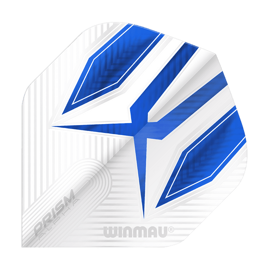 Das Bild zeigt ein Winmau Prism Alpha 6915.112 Standard Flight. Das Flight ist überwiegend weiß mit blauen und silbernen Designelementen.