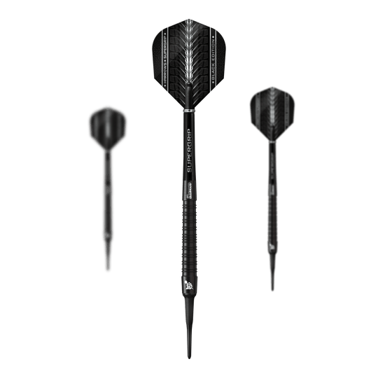 Fléchettes souples Harrows Supergrip Black Edition Das Bild zeigt drei Harrows Supergrip Black-Edition Softdarts in schwarzem Design. Die Darts haben schlanke Griffe und moderne Flights mit weißen Akzenten.