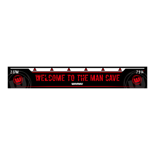 Ligne de lancer Winmau Mancave Das Bild zeigt das Produkt "Winmau Mancave Abwurflinie" mit der Aufschrift "Welcome to the Man Cave". Die Abwurflinie ist schwarz-rot gestaltet und zeigt die Maße 2,37m und 7'9¼''.