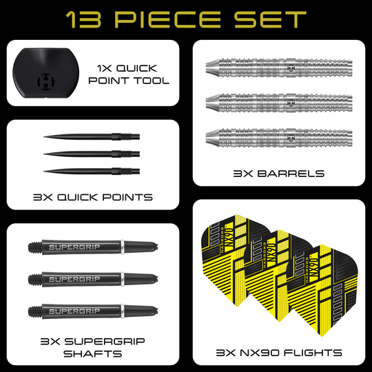 Fléchettes en acier Harrows NX90 Parallel Quick Point Das Bild zeigt die Harrows NX90 Parallel Quick Point Steeldarts. Dies sind hochwertige Steeldarts mit modernem Design.