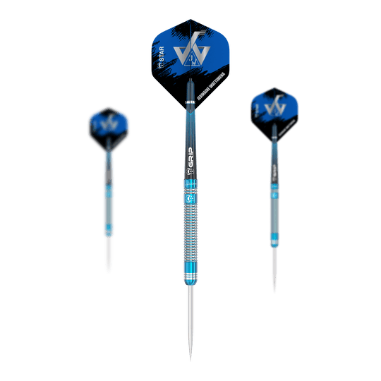 Das Bild zeigt drei Steeldarts des Modells "Bulls Jermaine Wattimena Generation 3". Die Darts haben blaue Flights mit weißen Initialen und silber-blau gestreifte Schäfte.