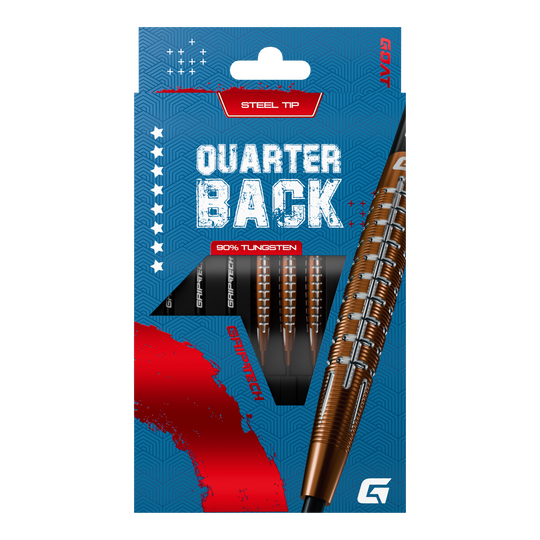 Fléchettes en acier tungstène GOAT Quarterback V1 Das Bild zeigt die GOAT Quarterback V1 Tungsten Steeldarts in einer blauen Verpackung. Die Darts bestehen zu 90% aus Tungsten und haben eine Stahlspitze.