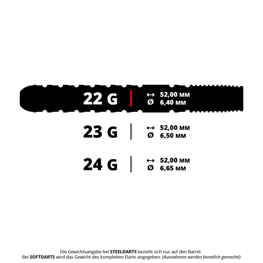 Fléchettes en acier Target Luke Littler GEN1 Prodigy Swiss Point Das Bild zeigt drei verschiedene Gewichtsvarianten von Steeldart-Barrels: 22 g, 23 g und 24 g. Alle Barrels sind 52,00 mm lang, unterscheiden sich aber im Durchmesser (6,40 mm, 6,50 mm und 6,65 mm).