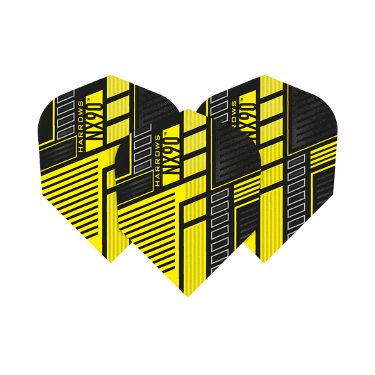 HR47_Harrows_Prime_NX90_Yellow_No6_Flights_18NvaTT70gx28E Das Bild zeigt drei gelbe Harrows Prime NX90 Flights mit schwarzem und grauem Muster. Die Flights haben ein modernes, geometrisches Design und sind für Darts geeignet.
