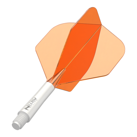 Ailettes Red Dragon Nitroflite à tige blanche et ailettes orange n° 2 Abgebildet ist ein Dart-Schäfte-Set mit weißem Schaft und orangen Flights. Das Produkt scheint ein Red Dragon Nitroflite Modell in kurzer Ausführung zu sein.