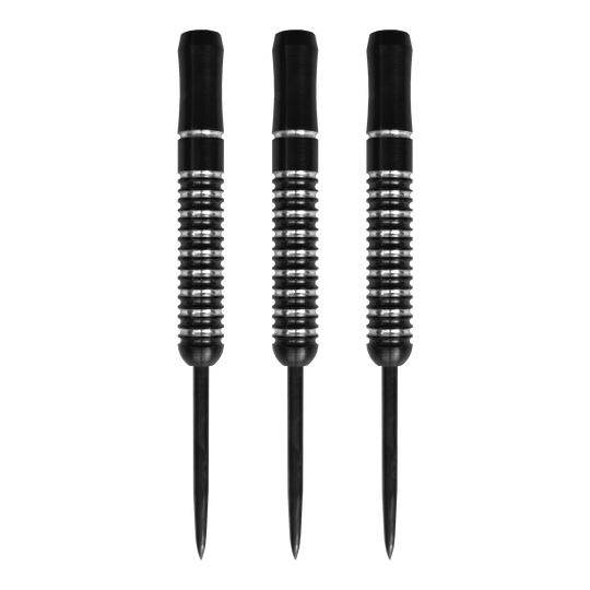 Flèches McDart Void Steeldart Barrels - 23 g Auf dem Bild sind drei McDart Void Steeldart Barrels mit einem Gewicht von 23g zu sehen. Die Darts sind schwarz mit silbernen Rillen und haben eine schlichte, moderne Optik.