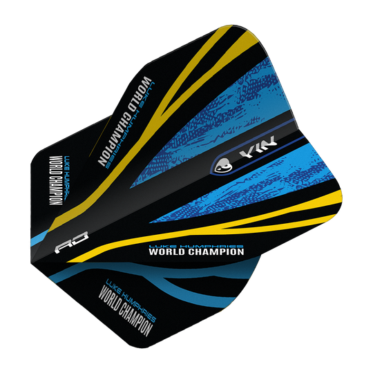 Red Dragon Luke Humphries Champion du monde Blue Gold Yin Yang Vols standards Das Bild zeigt das Produkt "Red Dragon Luke Humphries World Champion Blue Gold Yin Yang Standard Flights". Das Design ist schwarz mit blauen und goldenen Akzenten sowie der Aufschrift "WORLD CHAMPION".