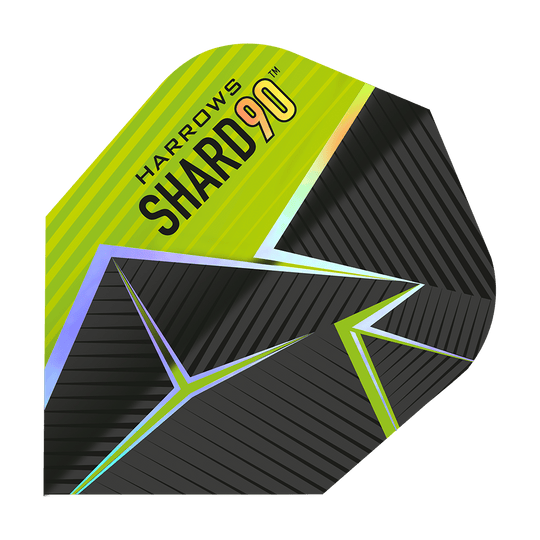 Vols n° 6 de Harrows Prime Shard Das Bild zeigt ein Dart-Flight mit dem Namen „Harrows Prime Shard No6“. Das Design ist schwarz und gelb mit geometrischen Linien und dem Aufdruck „SHARD 90“.