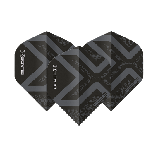 Ailettes standard Winmau Prism Delta Blade X Noir Métallisé n° 2 Abgebildet ist ein Winmau Prism Delta Blade X Metallic Black No2 Standard Flight. Das Produkt erscheint in schwarzer Metallic-Farbe.