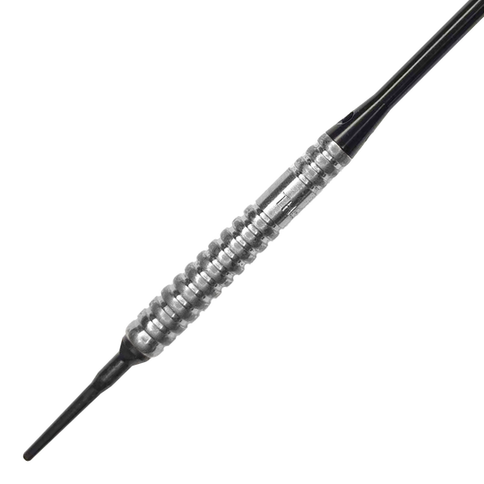 Fléchettes souples McDart 85 Tungstène V20 - 17 g Auf dem Bild ist ein McDart 85er Tungsten V20 Softdart mit einem Gewicht von 17g zu sehen. Der Dartpfeil hat eine silberne, geriffelte Griffzone und eine schwarze Spitze.
