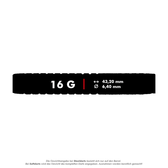 Fléchettes souples McDart 85 Tungstène V5 - 16 g Das Bild zeigt die Produktinformationen der "McDart 85er Tungsten V5 Softdarts - 16g". Die Darts wiegen 16 Gramm, sind 43,20 mm lang und haben einen Durchmesser von 6,40 mm.