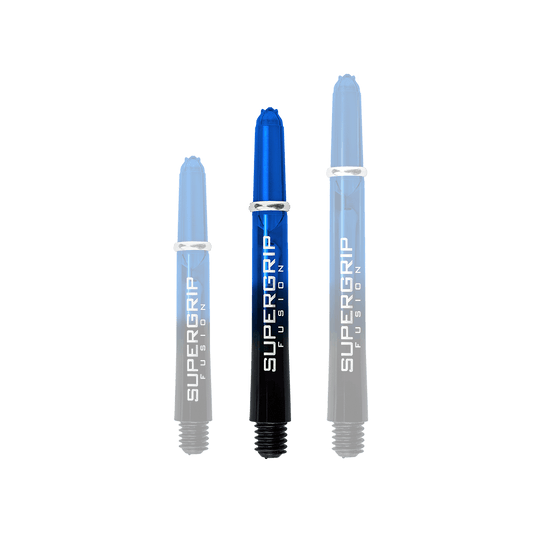 Das Bild zeigt drei blaue Harrows Supergrip Fusion Shafts in verschiedenen Längen. Die Shafts bestehen aus einem blauen und schwarzen Farbverlauf mit weißer Aufschrift.