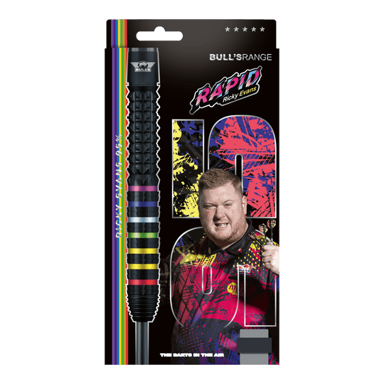 Fléchettes en acier Rapid 95 de Ricky Evans (Bulls NL) Das Foto zeigt die Bulls NL Ricky Evans Rapid 95 Steeldarts in der 23g-Ausführung. Die Darts werden aus einer anderen Perspektive dargestellt.