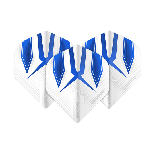 Das Bild zeigt drei Winmau Prism Alpha 6915.112 Standard Flights. Die Flights sind größtenteils weiß mit blauen und schwarzen Designelementen.