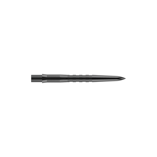 Embouts de fléchettes Mission Caliburn EVO - Rainurés - Noirs Das Bild zeigt eine schwarze, gerillte Steeldartspitze. Sie ist schmal, lang und hat eine spitze Vorderseite.