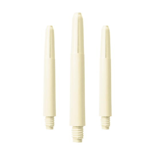 577_Nylon_Shafts_Naturweiss_40mm_1 Das Bild zeigt drei Nylon-Schäfte in Naturweiß. Sie sind länglich geformt und verfügen unten über ein Schraubgewinde.