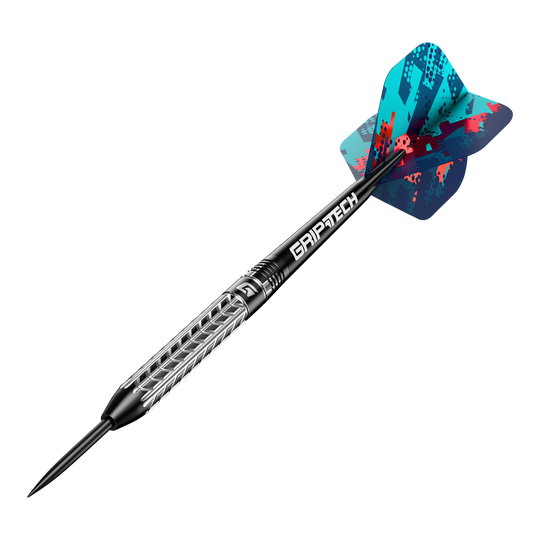 Fléchettes GOAT Traction en acier tungstène Das Bild zeigt einen GOAT Traction Tungsten Steeldart mit einer strukturierten Griffoberfläche und einer farbenfrohen Flight. Der Schaft trägt die Aufschrift "GRIPTECH" und die Spitze ist aus Stahl.