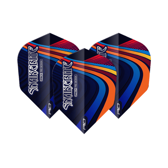 Ailettes Red Dragon Peter Wright Snakebite Multi Swirl No6 Das Bild zeigt drei bunte Dart-Flights mit dem Schriftzug "Snakebite". Die Flights haben ein auffälliges Muster in Blau, Orange, Rot und Gelb.