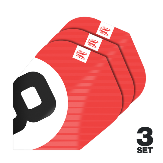 Ailettes Target Pro Ultra Chicane Rouge No6 - 3 Jeux Das Bild zeigt drei Sätze der Target Pro Ultra Chicane Red No6 Flights. Die Flights sind überwiegend rot mit einem schwarzen und weißen Design sowie einem kleinen Logo in der Ecke.