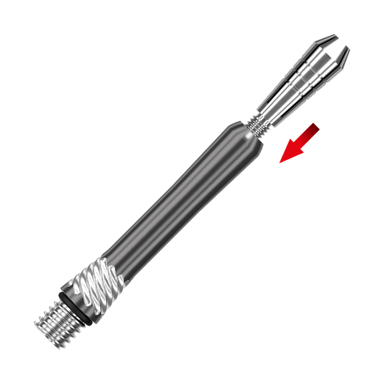 Das Bild zeigt den Target Power Titanium Shafts Ersatztop in Silber. Ein roter Pfeil markiert den austauschbaren oberen Teil des Shafts.